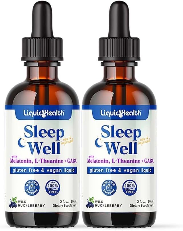 LIQUIDHEALTH Sleep Well Liquid Melatonin, L-Theanine συμπλήρωμα Φυσικό Sleep Aid, Fall Asleep Γρηγορότερα, Stay Asleep Longer - USA Made, Vegan, Sugar Free, Drug Free, Μη-GMO Sleep Spray Drops (2 Pack)