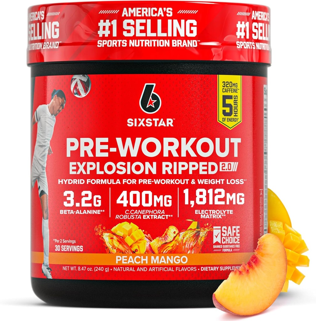 Six Star Pre-Explosion, Ροδάκινο Mango (30 Services) - Preworkout Energy Powder Supplement for Men & Women - Pre Educate Drink Mix with Createine & Beta Alanine - Sports Nutrition Products