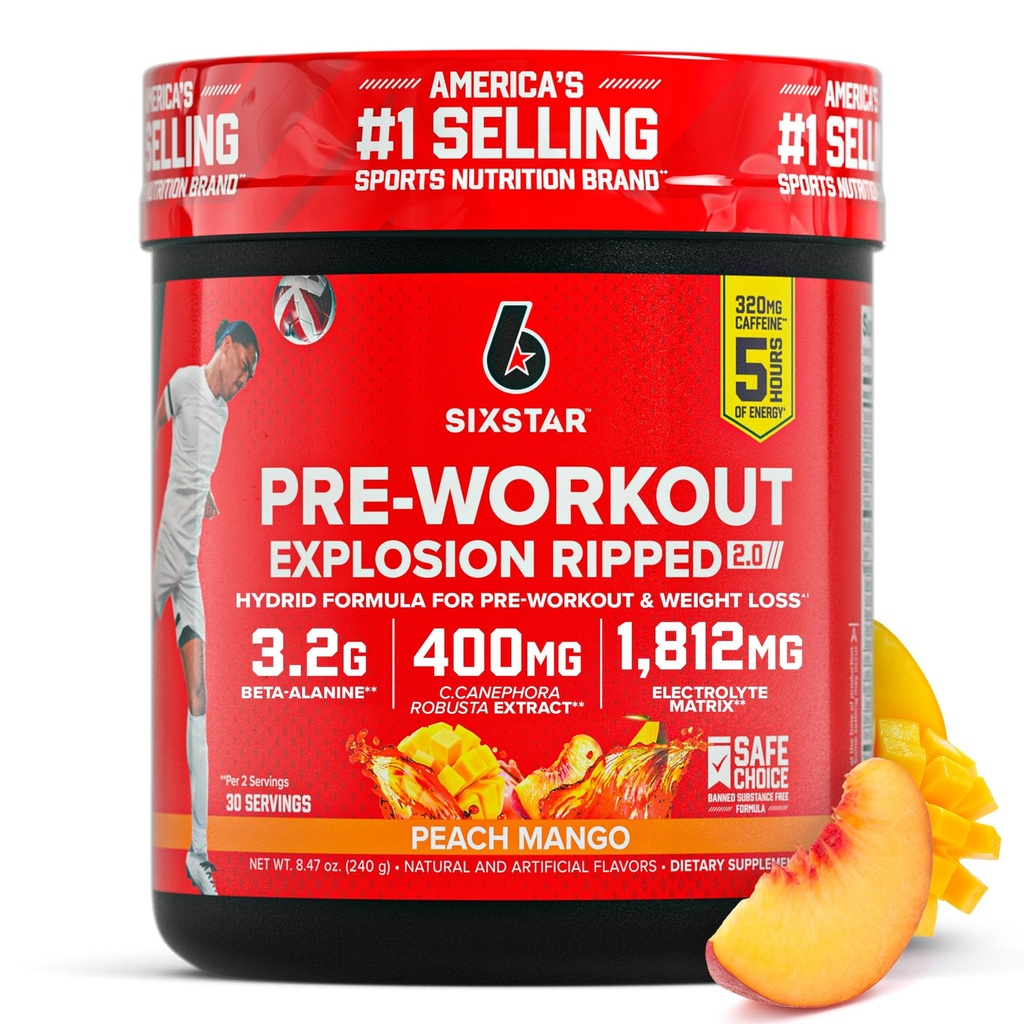 Six Star Pre-Workout Blast, Peach Mango (30 hizmet) - Erkekler ve Kadınlar için İşsiz Enerji Toz Tamamı - Ortak ve Beta Alanine ile Mix - Spor Beslenme Ürünleri