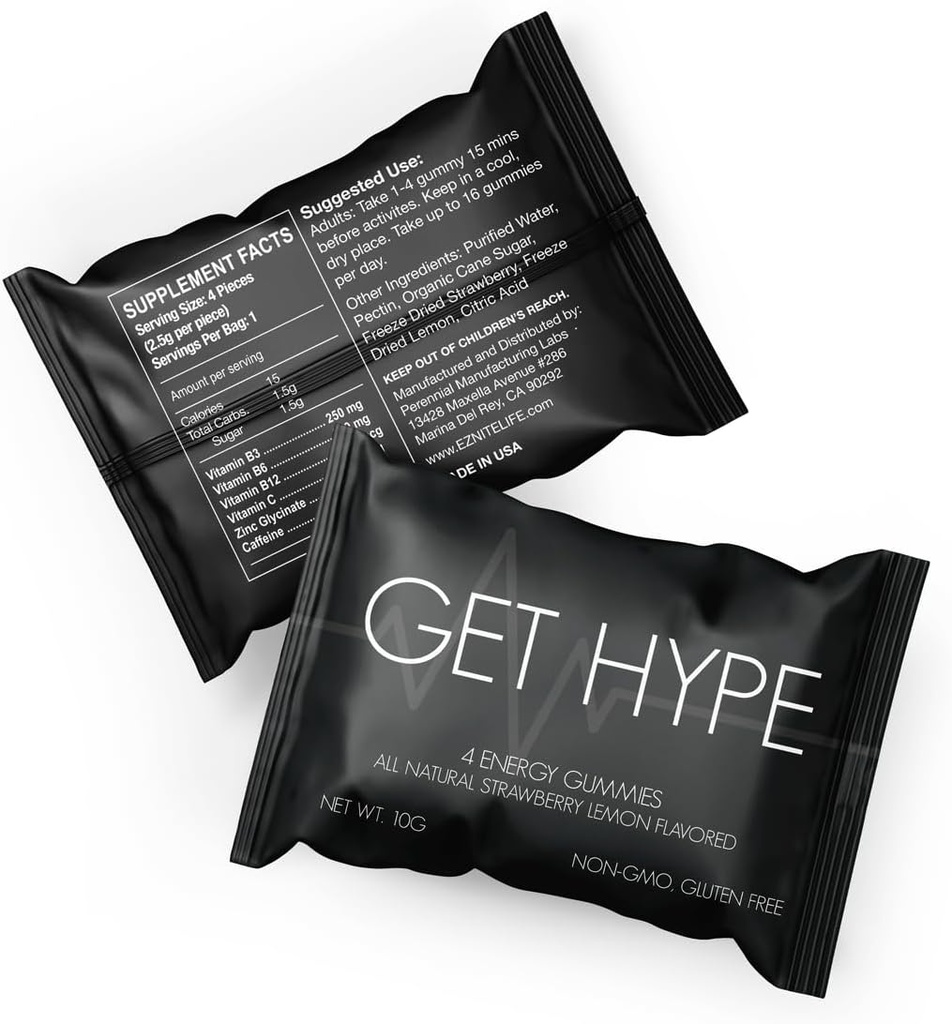 GET Hype Energy Gummies | Vegan, Non-GMO, Gluten-Free Energy Supplement with Caffeine, Vitamin B12, B6, C & çinko | Boost Focus, mental Clarity & Energy | Bireysel olarak yuvarlandı, 12 Paket