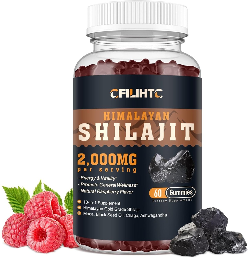 Shilajit Gummies 2000 mg - Shilajit Pure Himalaya Organik Erkekler ve Kadınlar için 85+ Trace Minerals Shilajitwear with Ashwagandha, Maca, Black Seed Oil - Energy, Brain, Immunity, Sugar Free Raspberry 60ct