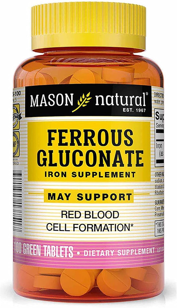 Mason Natural Ferrous Gluconate - Destekler Red Blood Hücre Formasyon, Stomach Iron Supplement, 100 Tablets