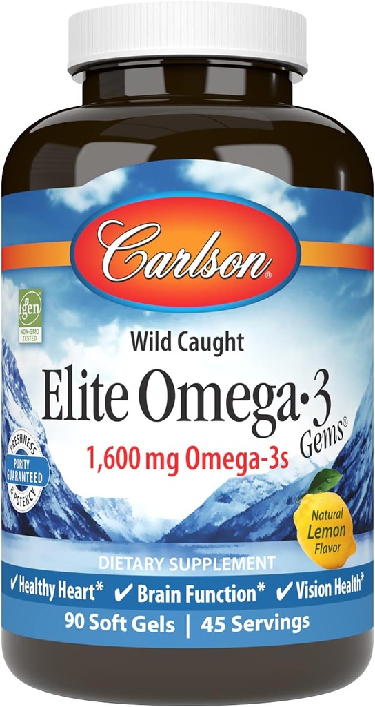 Carlson Elite Omega-3 Gems, 1600mg Omega-3s with EPA & DHA, Wild-Caught Norwegian Fish Oil, Lemon Flavor, 90 Softgels