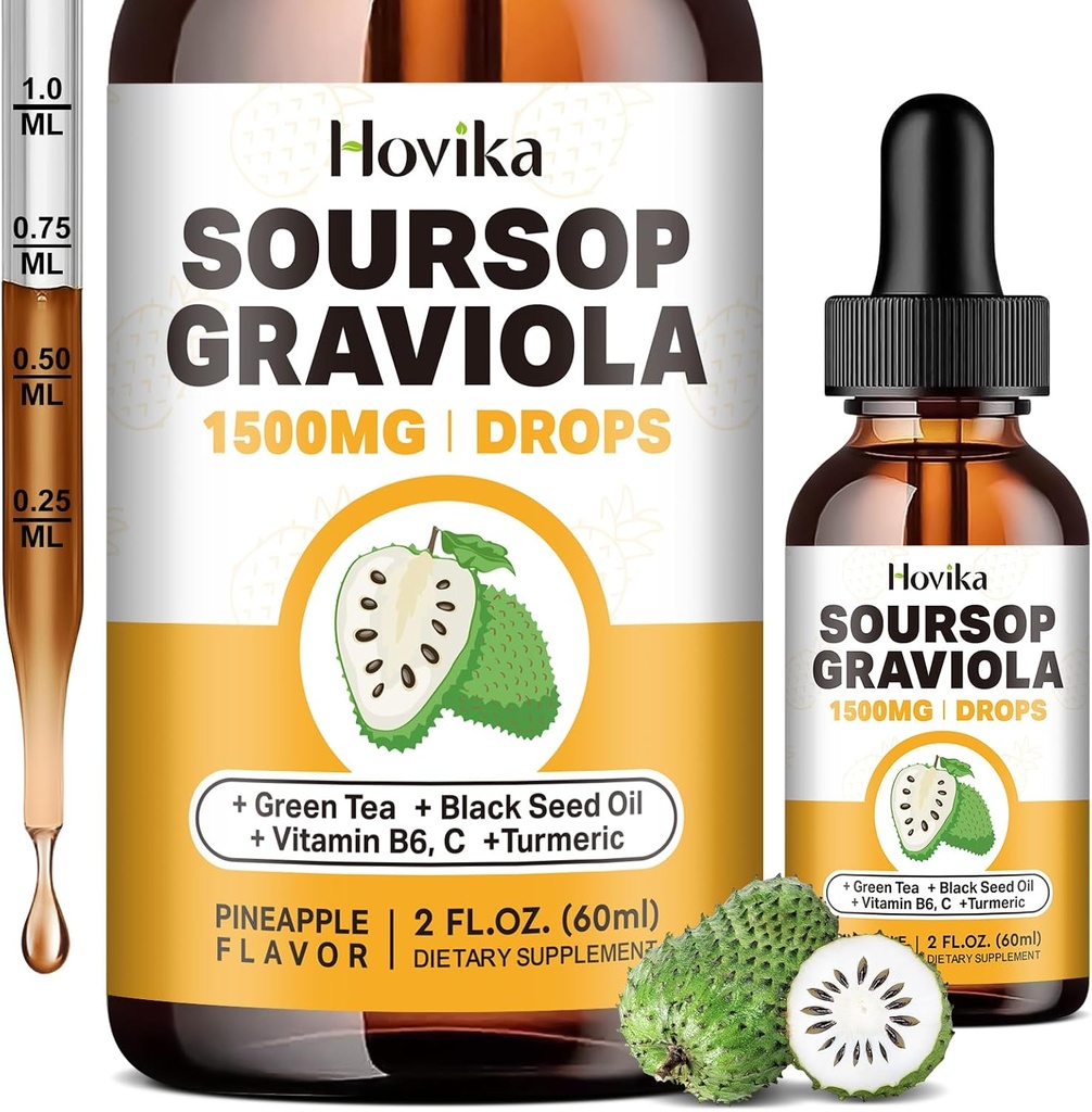 Soursop Graviola Liquid Drops 1500mg - Φύλλα σούπας & Φρούτα με Πράσινο Τσάι, Μαύρο Λάδι Σπόρου, Κουρκουμάς για την υποστήριξη κυττάρων, ανοσοποιητικό, αντιοξειδωτικό - Bitters Liquid, Φυσικό άρωμα ανανά 2 Fl Oz