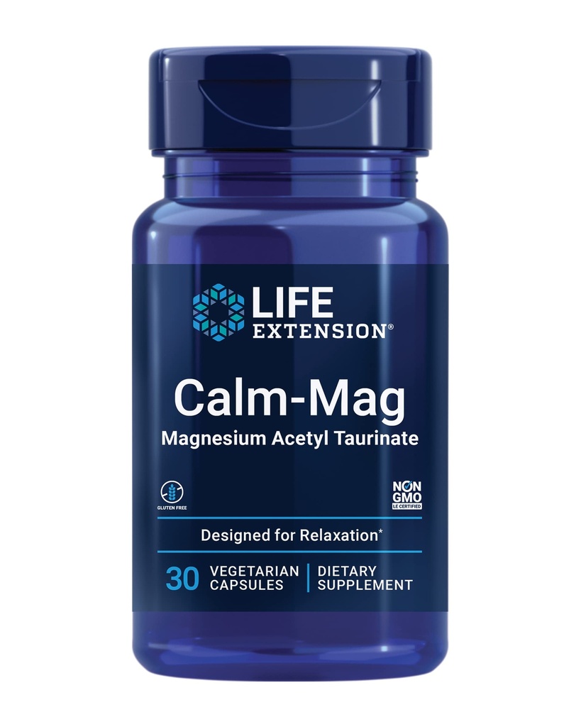 Life Extension Calm-Mag Magnezyum, Acetyl taurinate, Daily Stress Management Formula, Supports Calmness and Relaxation, Gluten-Free, Non-GMO, Vegetarian, 30 Capsules
