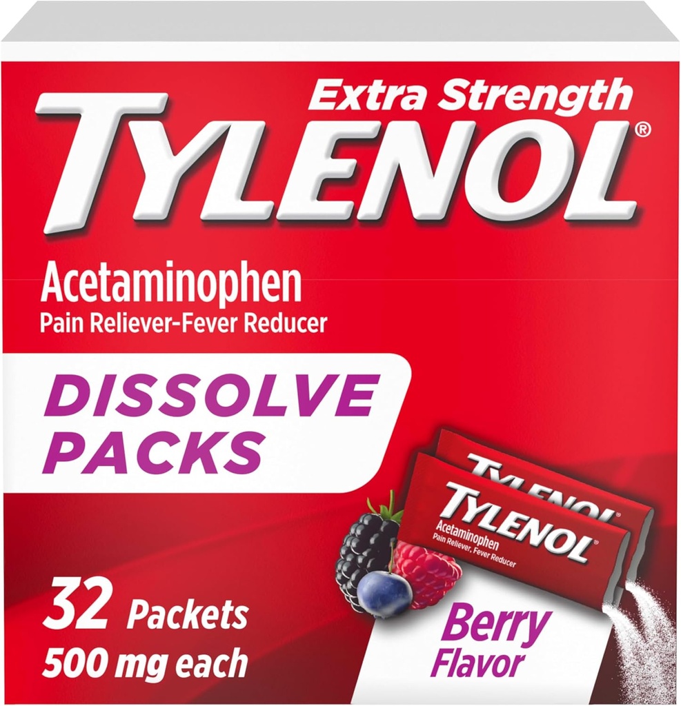 Tylenol Extra Strength Dissolve Powder Packs, 500 mg Acetaminophen Pain Reliever & Fever Reducer Medicine, Fast Relief for Minor Aches & Pains, Ibuprofen- & Aspirin-free, On-the-Go Berry Flavor, 32 Ct