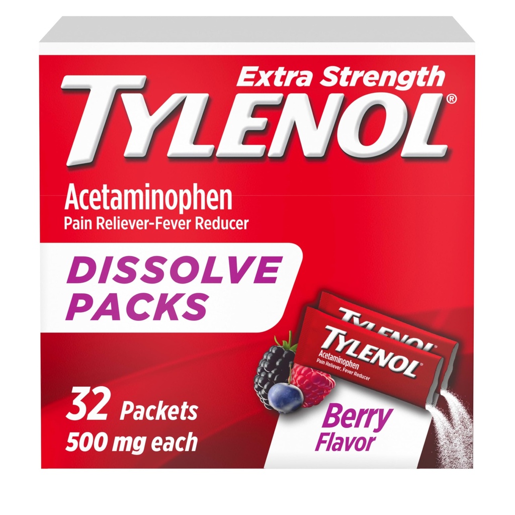 Tylenol Extra Strength Dissolve Toz Paketleri, 500 mg Acetaminophen Pain Reliever & Ateşleme Tıp, Minor Aches & Pains için Hızlı Yardım, Ibuprofen- & aspirin-Free, On-Go Berry Flavor, 32 Ct
