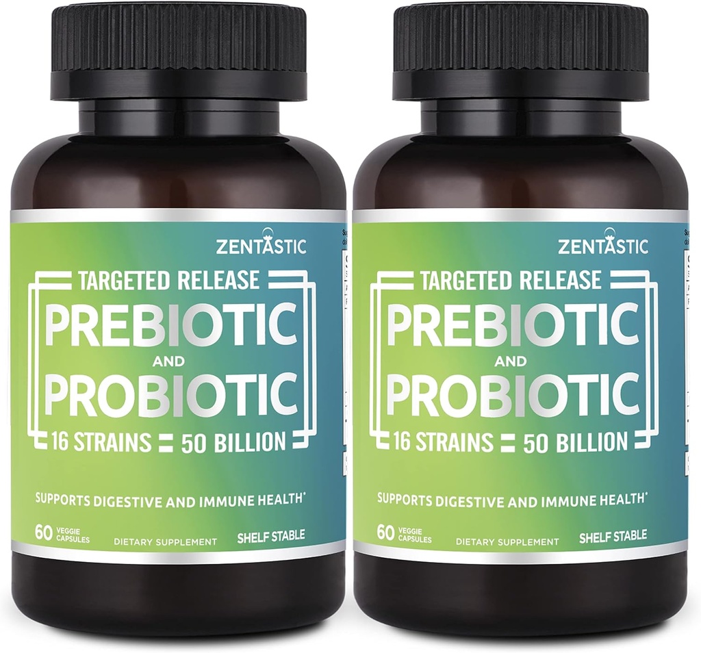 Zentastic Probiotics & Prebiotics Supplement - 50 Billion CFU - for Men & Women’s Immune & Digestive Health - 16 Strains - Shelf Stable - 120 Delayed Release Veggie Capsules