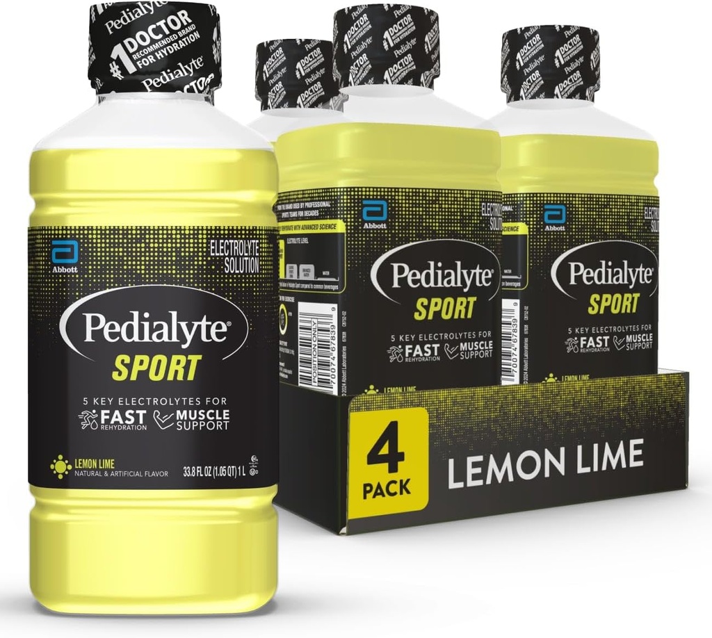 Pedialyte Sport Electrolyte Drink, Fast Hydration with 5 Key Electrolytes for Muscle Support before, During, & After Egzersiz, Lemon Lime, 1 Liter, 4 Paket