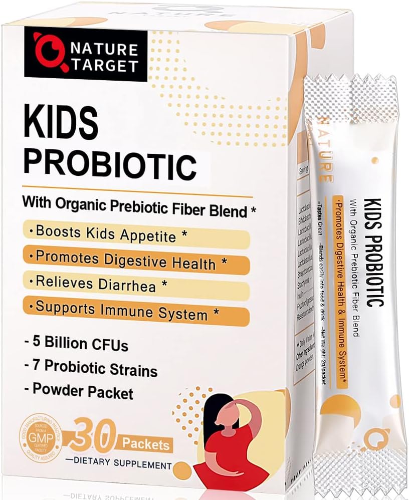 Probiyotiks-for-Kids with Prebiyotiks Fiber, 5 Milyar CFUs Kids Probiyotik Toz for Digestive Health & Immune Support, 7 Organik Probiyotik Strains for Age 3+, Dairy, Gluten & Sugar Free, 30 Packets