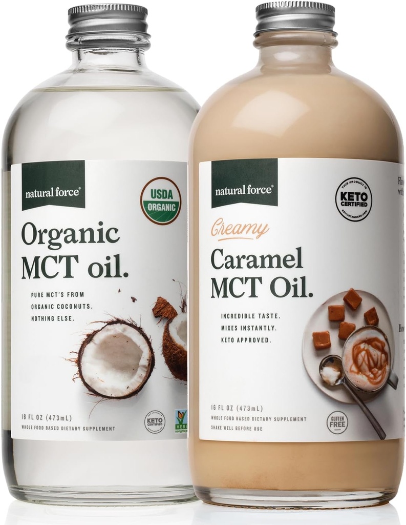 Natural Force Creamy Caramel MCT Petrol + Organik Full Spectrum MCT Petrol – Gluten-Free, Non GMO, 100% Pure Coconut MCTs from Organic Coconuts – Keto, Paleo ve Vegan – 2x 16 Ounce Glass Şişeleri
