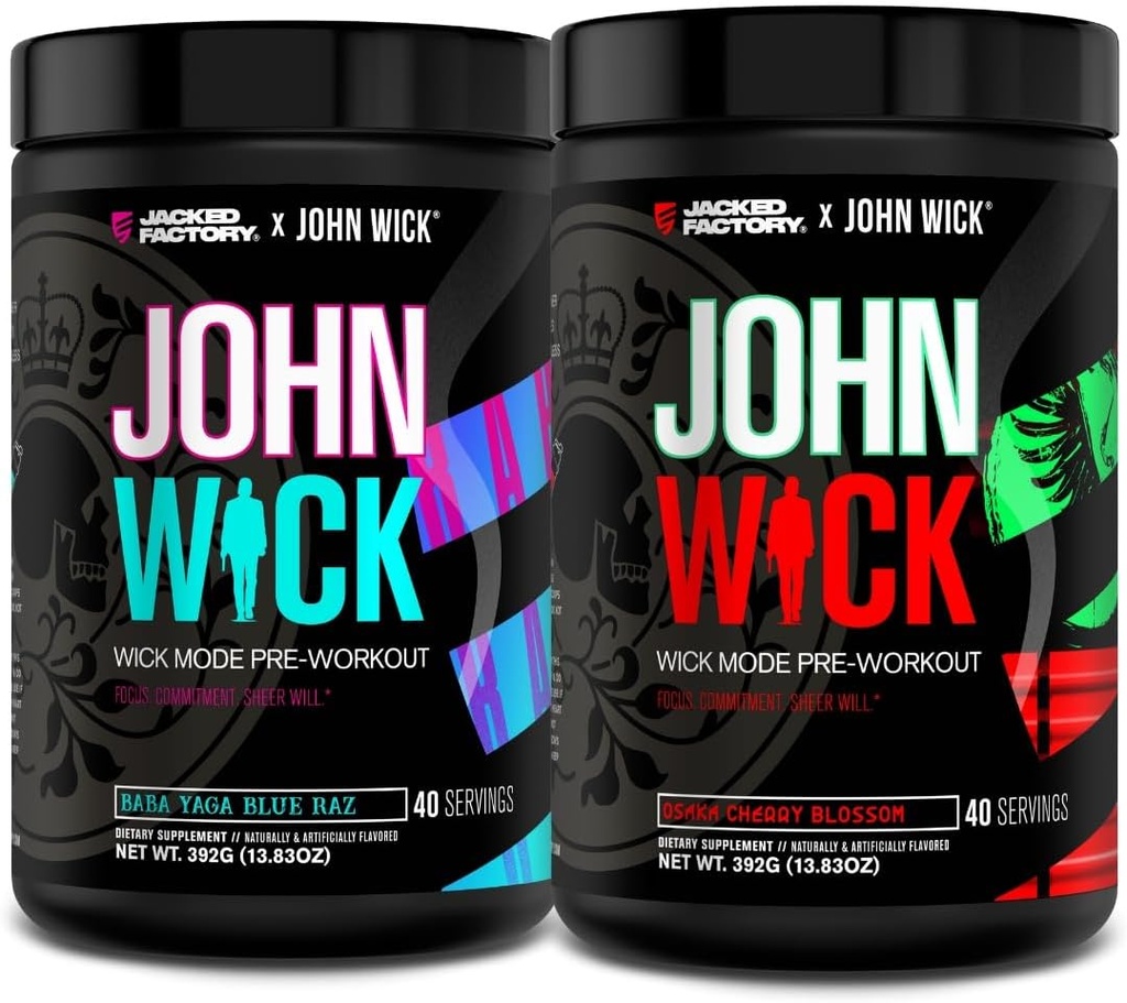 Jacked Factory X John Wick - Wick Mode Pre Workout Toz - Intense Energy, Battle-Ready Focus, Unstoppable Commitment ve Sheer Will - Baba Yaga Blue Raz & Osaka Cherry Crash (80 Hizmet)