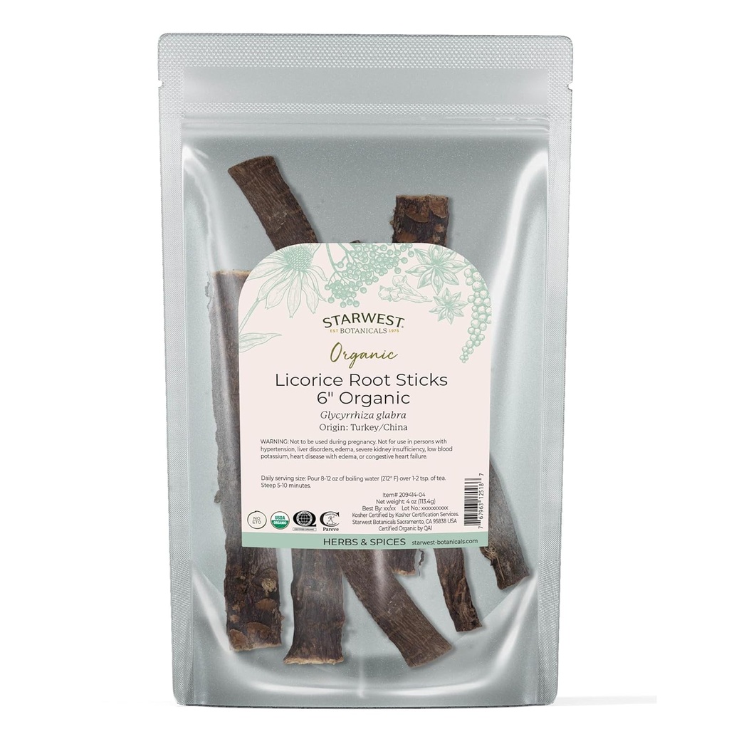 Starwest Botaniks Organik Kuru Licorice Root Sticks 6" - Loose Leaf Tea Mixs, Candy, & Baked Goods, Cut & Sifted, sertifikalı Kosher, Non-GMO - 4 oz Pouch