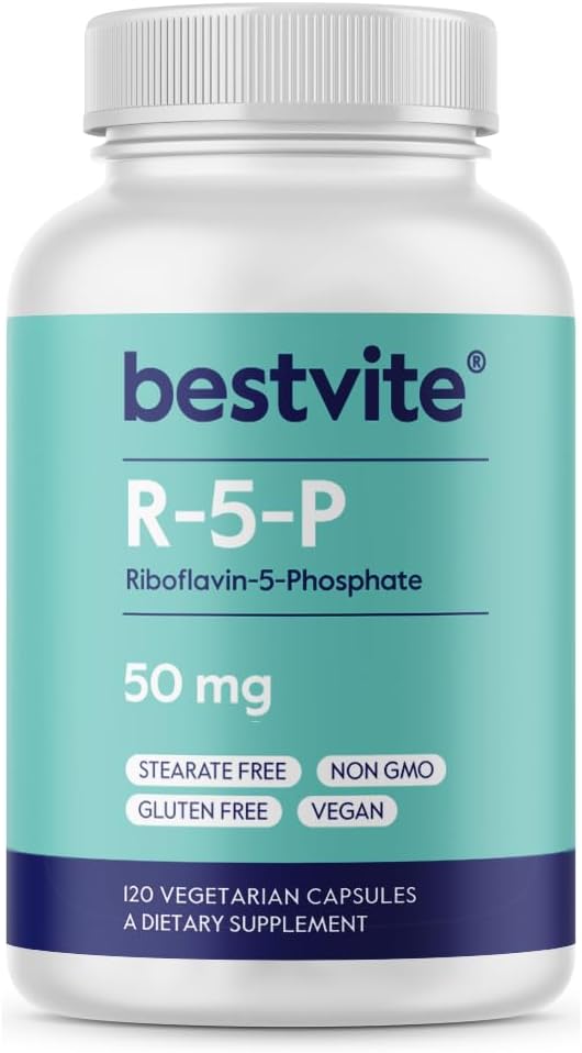 BESTVITE Riboflavin-5-Phosphate 50 mg (120 Vegetarian Capsules) - Hiçbir Stearates - Vegan - GMO - Gluten Ücretsiz - Vitamin B2 Bioaktif Form
