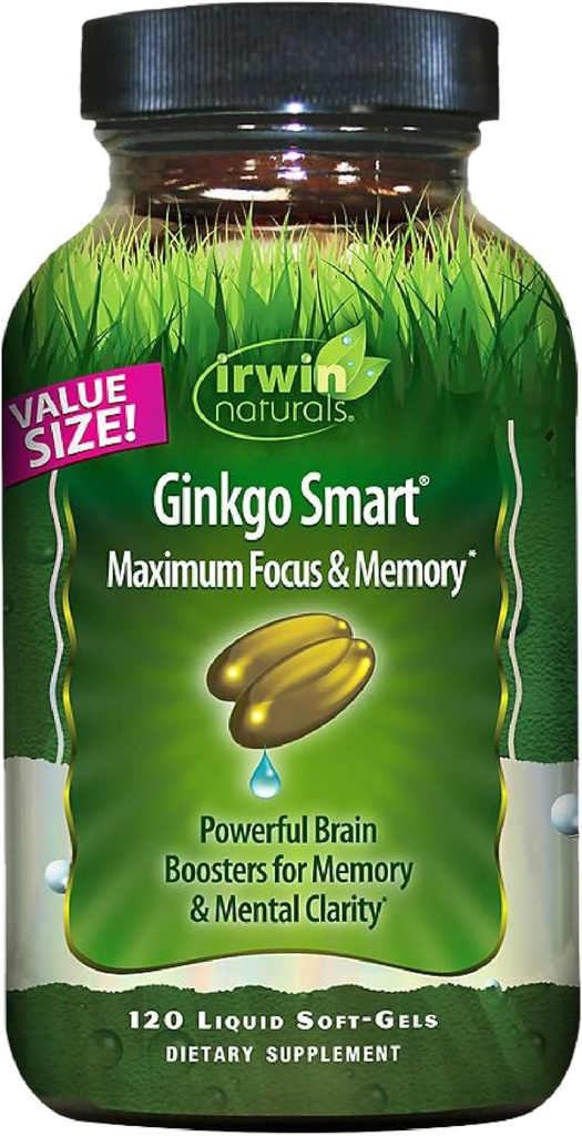 Irwin Naturals Ginkgo Smart Poweric Nootropic Brain Booster - Υποστηρίζει μέγιστη μνήμη, εστίαση & διανοητική σαφήνεια με DMAE, Clubmoss, Choline & Acetyl L-Καρνιτίνη - 120 Liquid Softgels