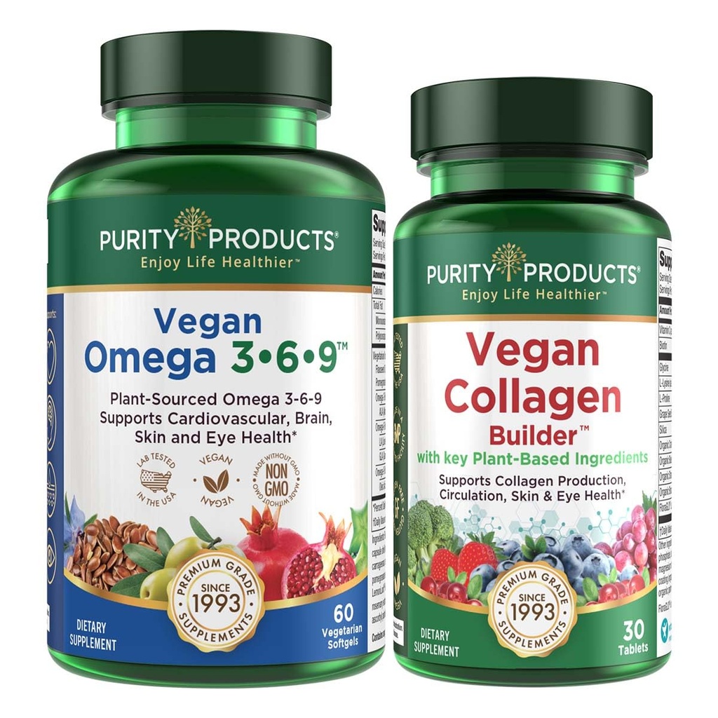 Προϊόντα καθαρότητας Bundle - Vegan Omega 3-6-9 + Vegan Collagen Builder Omega 3-6-9 (“5 in 1” Φυτικό Ωμέγα Απαραίτητο Λιπαρά Οξύ) - Vegan Collagen Builder (w/Key Plant Based Ingredients & More)
