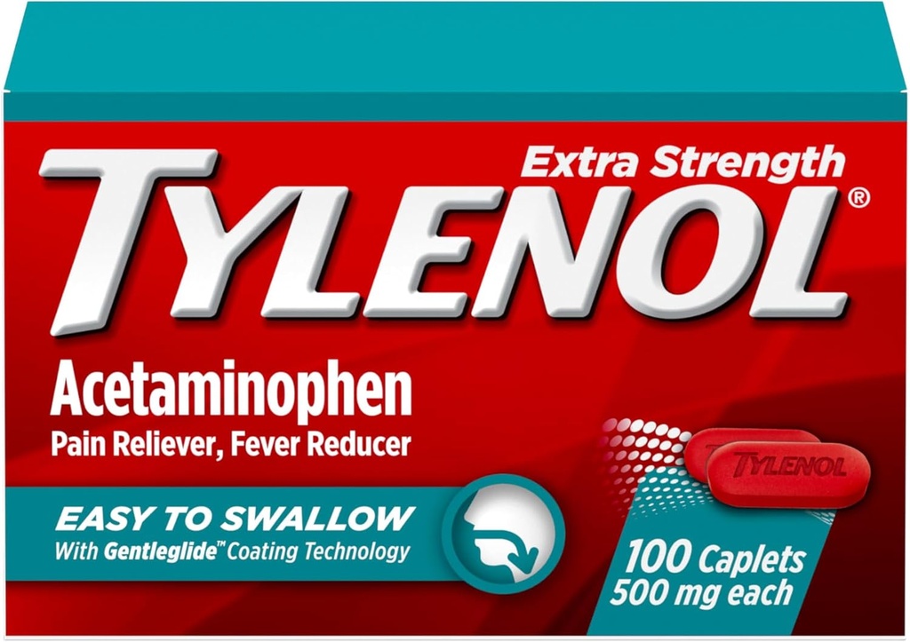 Tylenol Extra Strength Easy to Swallow Acetaminophen, Pain Reliever & Ateş Tespiti, Centglide Teknolojisi ile Yetişkinler için Caplets, 500 mg Ekstra Güçlü Acetaminophen, 100 ct