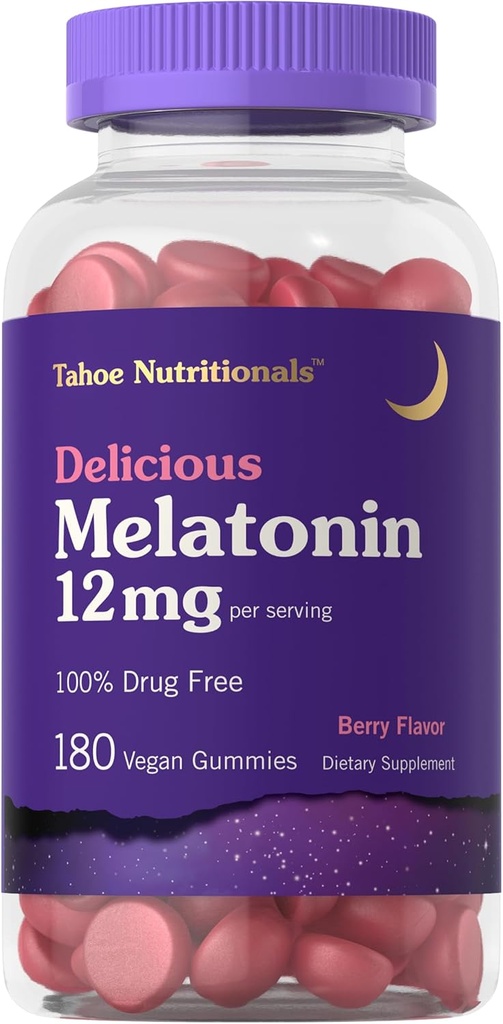 Carlyle Tahoe Beslenme Melatonin Gummies 12 mg | 180 Kont | Berry Flavor Gummy | İlaç Ücretsiz Supplement | Vegan, Non-GMO, Gluten Free