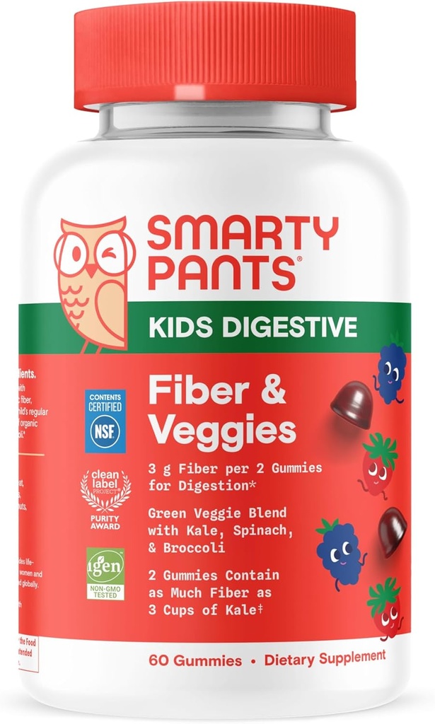 SmartyPants Kids Fiber & Veggies: Προβιοτικές ίνες για παιδιά, συμπλήρωμα ινών με ινουλίνη, οργανική πράσινη Veggie Blend, Vegan, χωρίς γλουτένη, μικτή γεύση μούρου, 60 Count (30 Day Supply)