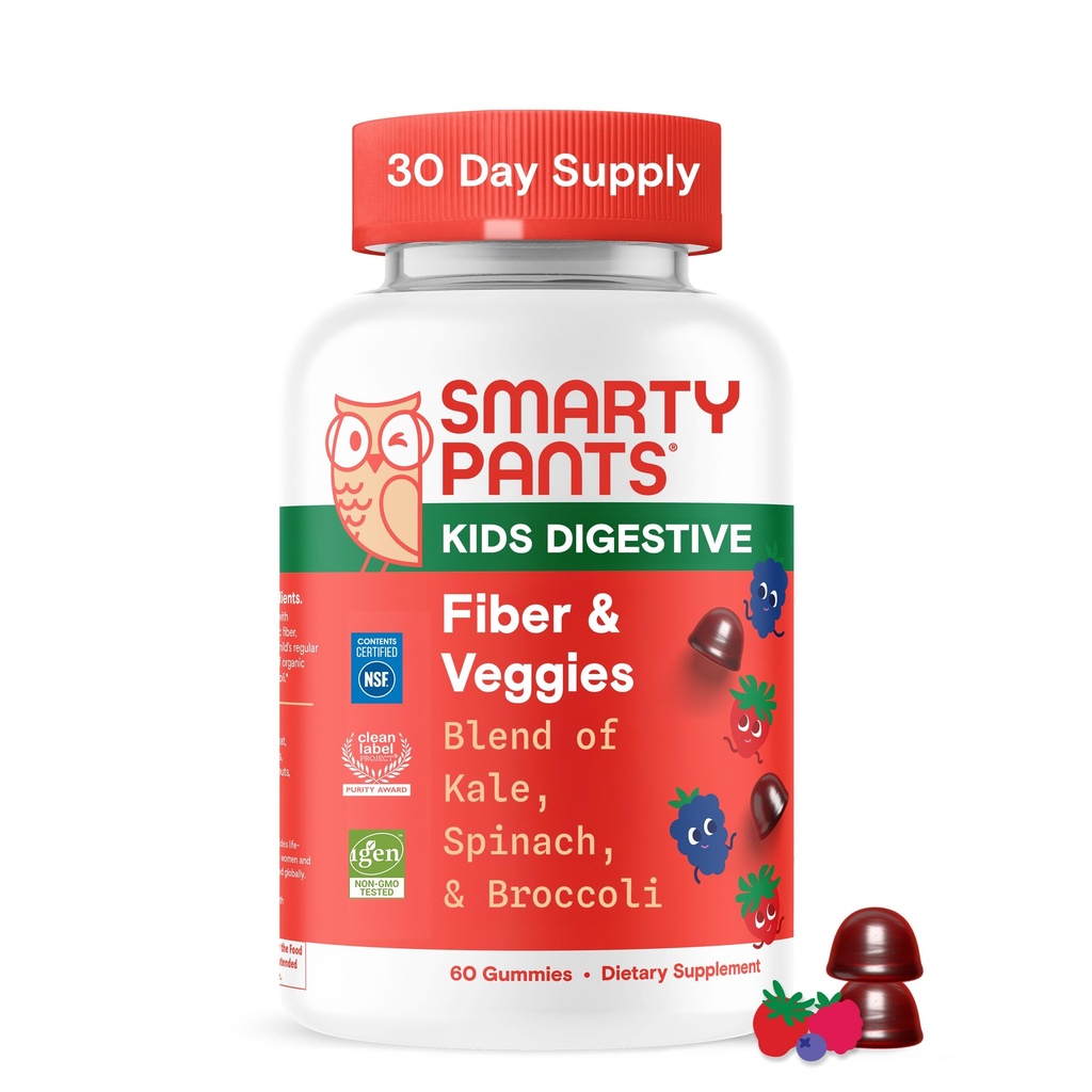 SmartyPants Kids Fiber & Veggies: Prebiyotik Fiber Gummies for Kids, Fiber Supplement with Inulin, Organic Green Veggie Mix, Vegan, Gluten Free, Karma Berry Flavor, 60 Count (30 Day Supply)