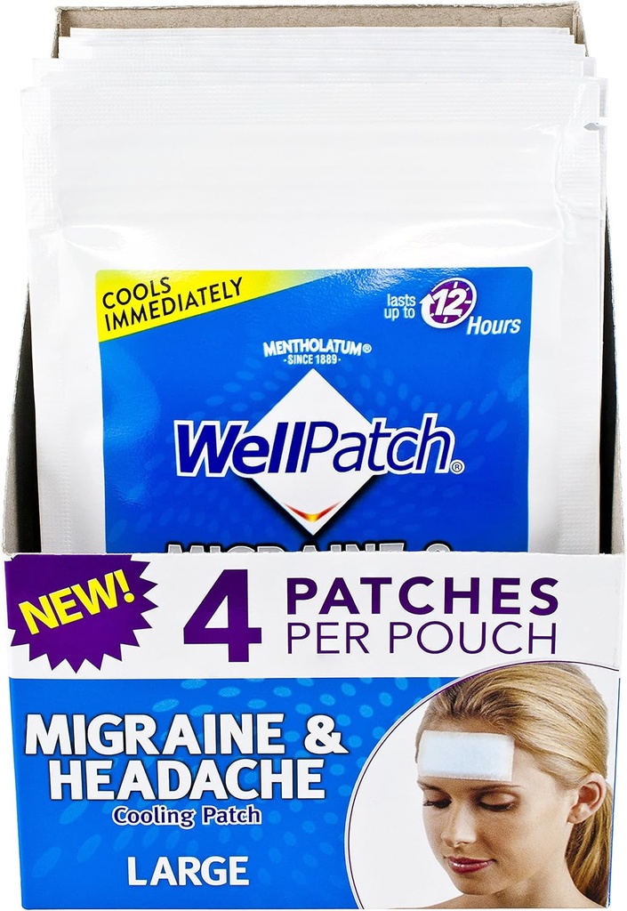 WellPatch Migraine & Headache Soğutma Patch - Drug Free, Lasts Up to 12 Hours, Medical to Use with Drug - Large Patches (4 Packs of 4 Patches), her 4.3 x 2 in 4 Patches ,