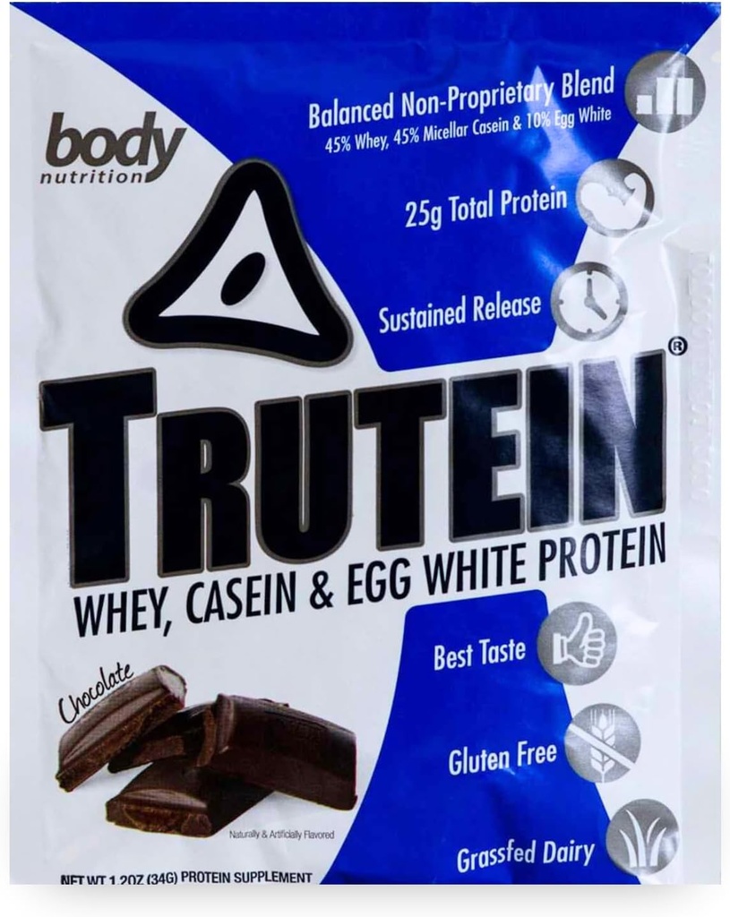 Vücut Beslenme Trutein Yüksek Protein Tozu:% 45 Whey,% 45 Casein,% 10 Egg White, Gluten-Free, Low sodyum, Grass Fed Whey Protein Toz, Gym Supplement & Breakfast Shake, Chocolate, 34g Örnek