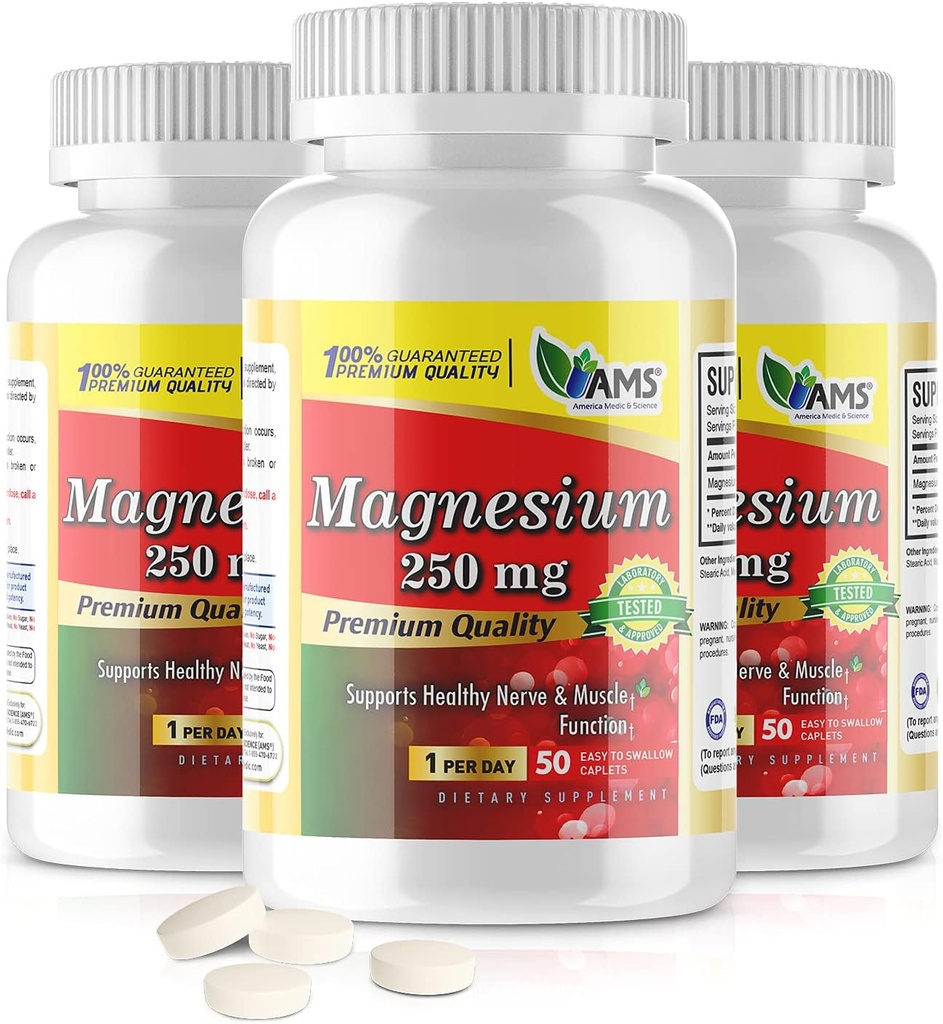 America Medic & Science Magnesium 250 mg (150 Caplets) | Pack of 3 Bottles | Magnesium Oxide Supplement for Men and Women | Supports Healthy Nerve and Muscle Functions | Boosts Exercise Performance