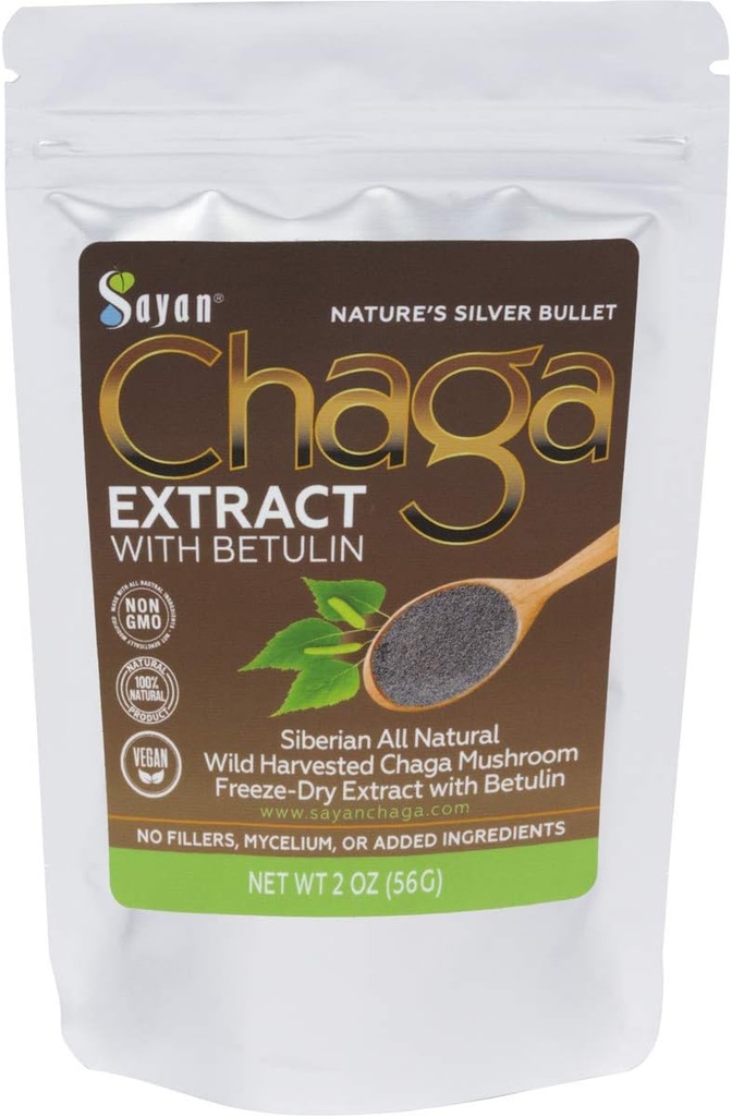 Sayan Sibirya Chaga Mushroom Extract with Betulin Toz (2 oz) – Organik Antioksit - Destek Immune System & Regulate Body Functions, Energy, Clarity, Wellness – Mix with Yogurt or Smoothies