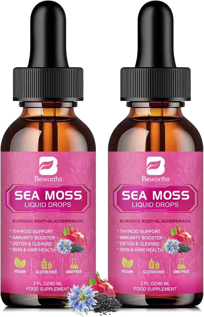 Sea Moss Liquid Drops - Black Seed Oil & Irish Sea Moss Gel με Burdock Root Bladderwrack, Elderberry, Spirulina, Seamoss Supplement for Energy Booster, Digestive Health - 4 Fl Oz, Vegan