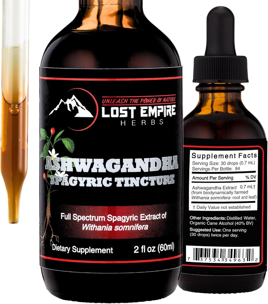 Lost Empire Herbs Ashwagandha Spagyric Tincture - εκχύλισμα ρίζας υγρών σταγόνων για άνδρες, γυναίκες, ύπνο, κορτιζόλη - καλύτερο συμπλήρωμα Ashwagandha ΗΠΑ Καλλιεργούνται οργανικά (2 fl oz)