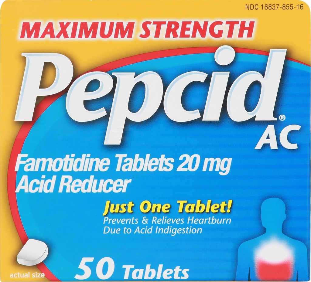 Pepcid AC maximum Strength Heartburn Relief Tabletleri, OTC Tıp Önlemler ve Relieves Kalpburnu Asit Indigestion & Sour Stomach, 20 mg Famotidine Acid Picture, Fast-Acting, 50 ct