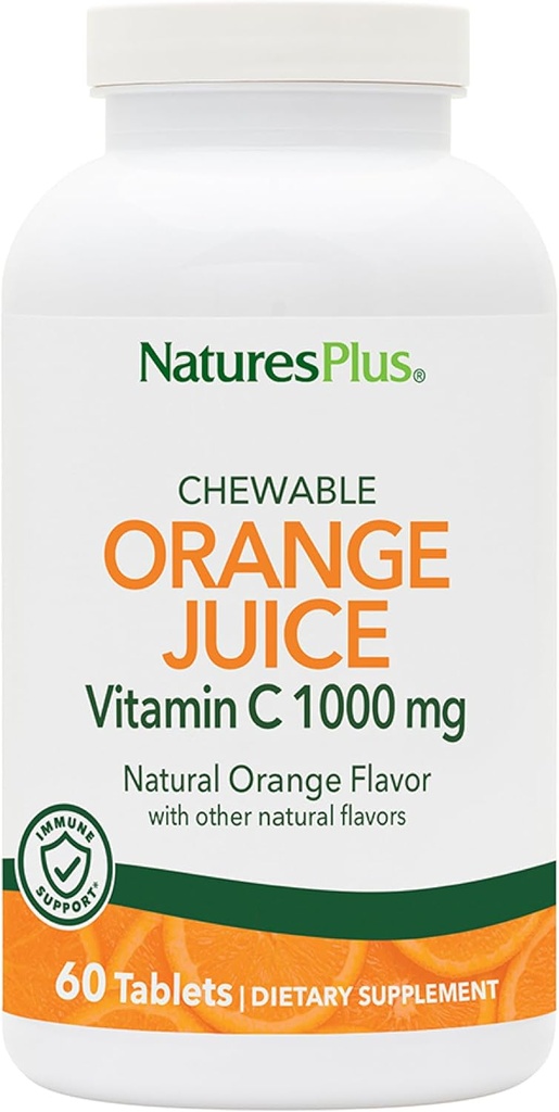 NaturesPlus Πορτοκαλί Χυμός - 60 Μασώμενα Δισκία - 1000mg Βιταμίνη C - Συμπλήρωμα Υποστήριξης Ανοσοποιητικού Υψηλής ισχύος, Αντιοξειδωτικό - Vegan, Χωρίς Γλουτένη - 60 Σερβιέτες