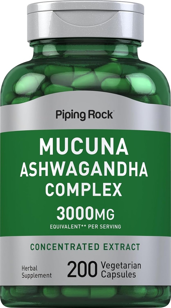 Piping Rock Mucuna Ashwagandha 3000 mg | 200 Capsules | Kadınlar ve Erkekler için Kompleksi Tamamı | Vejetary, Non-GMO, Gluten Free