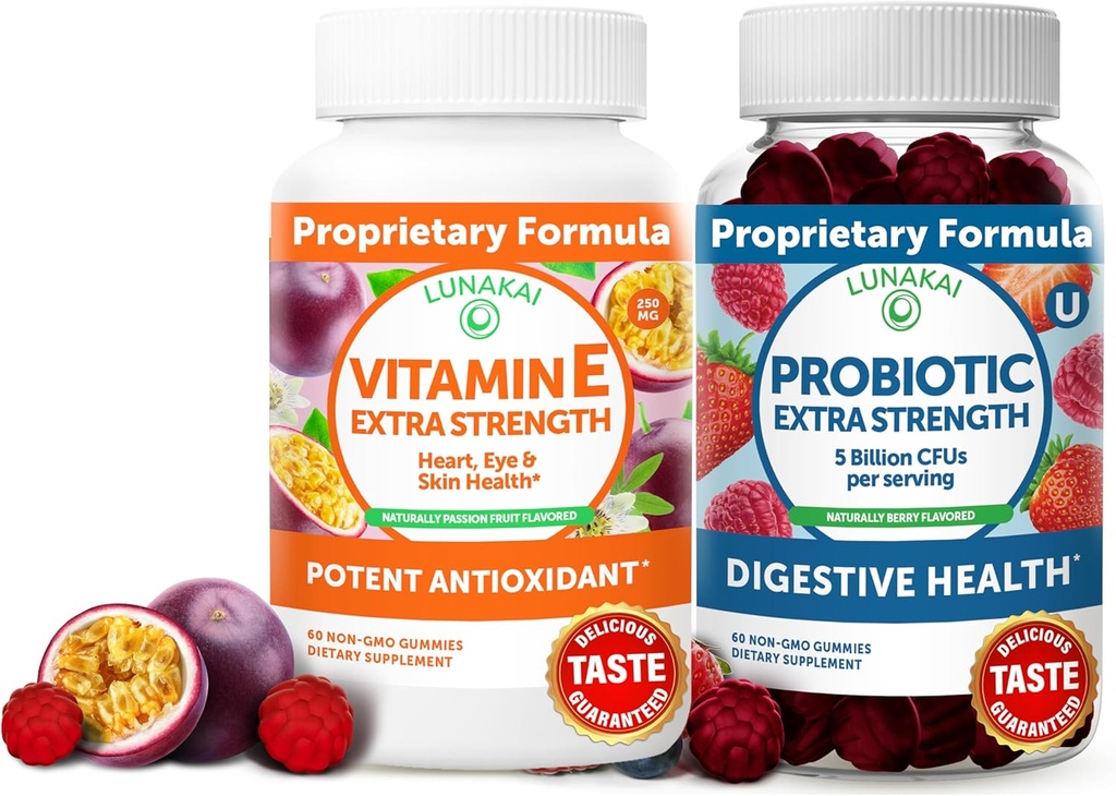 Lunakai Vitamin E ve Probiyotik Gummies Sche - 3000 mcg Yetişkinler Enerji Desteği için Gummies - Digestive Health - Non-GMO, All Natural Natural