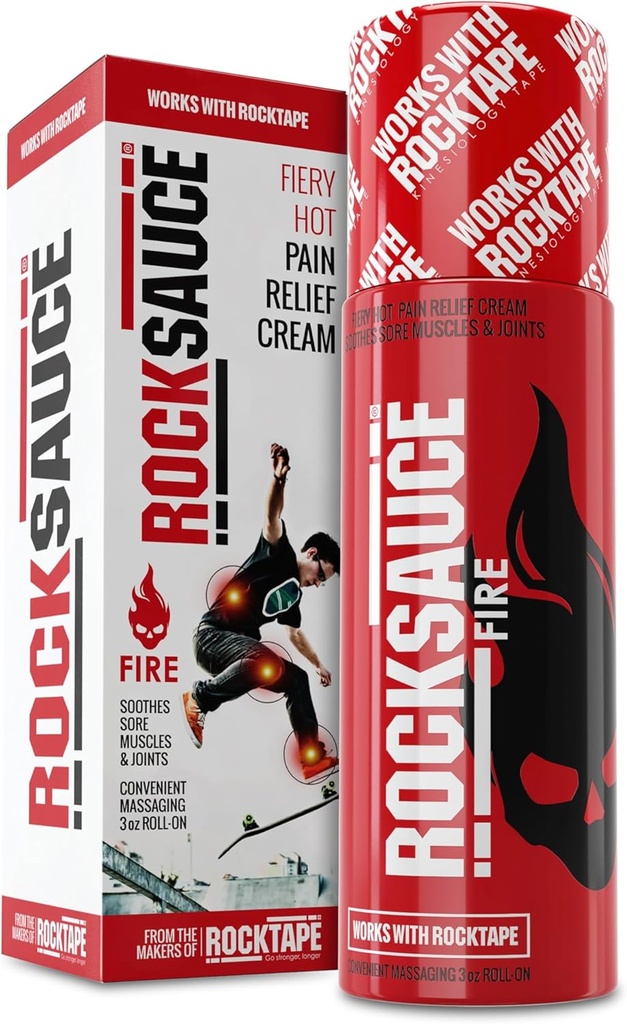 RockSauce Fire, 3 oz Roll-On - Εύκολη στη χρήση Κρέμα ανακούφισης του πόνου - Capsaicin & Menthol Formula Ανακουφίζει τους μυς και τους κοινούς πόνους - Έργα w/ RockTape - No-Mess Applicator - Dye-Free, Won't Stain Clothes