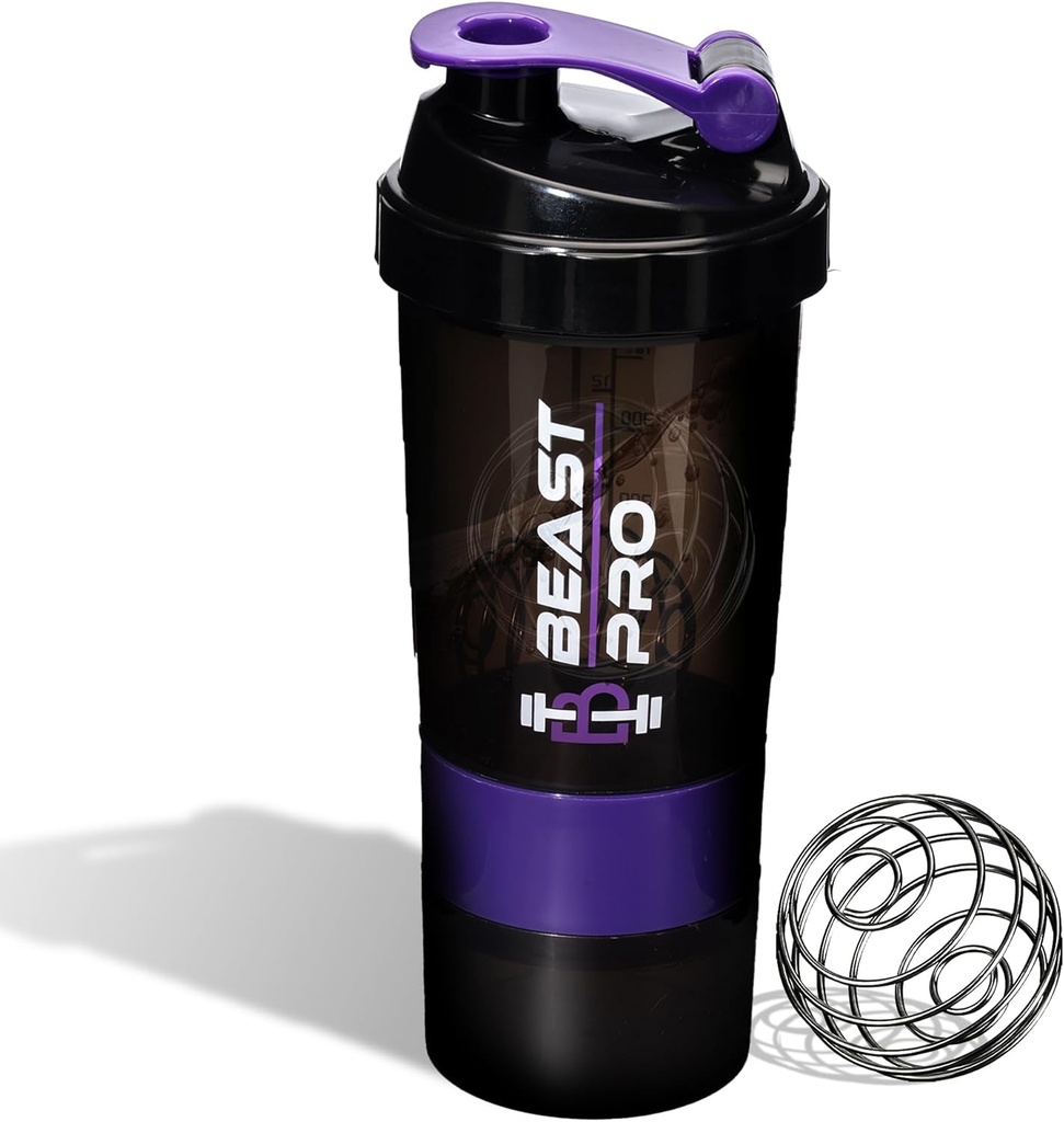 Beast Pro Shaker Şişe Protein Shakes ve Pre egzersizler için | Protein & Pill Storage Bin | 16 Ounce | Plastik Shaker Şişe | Leak Kanıt | Dağ Ücretsiz (Purple)