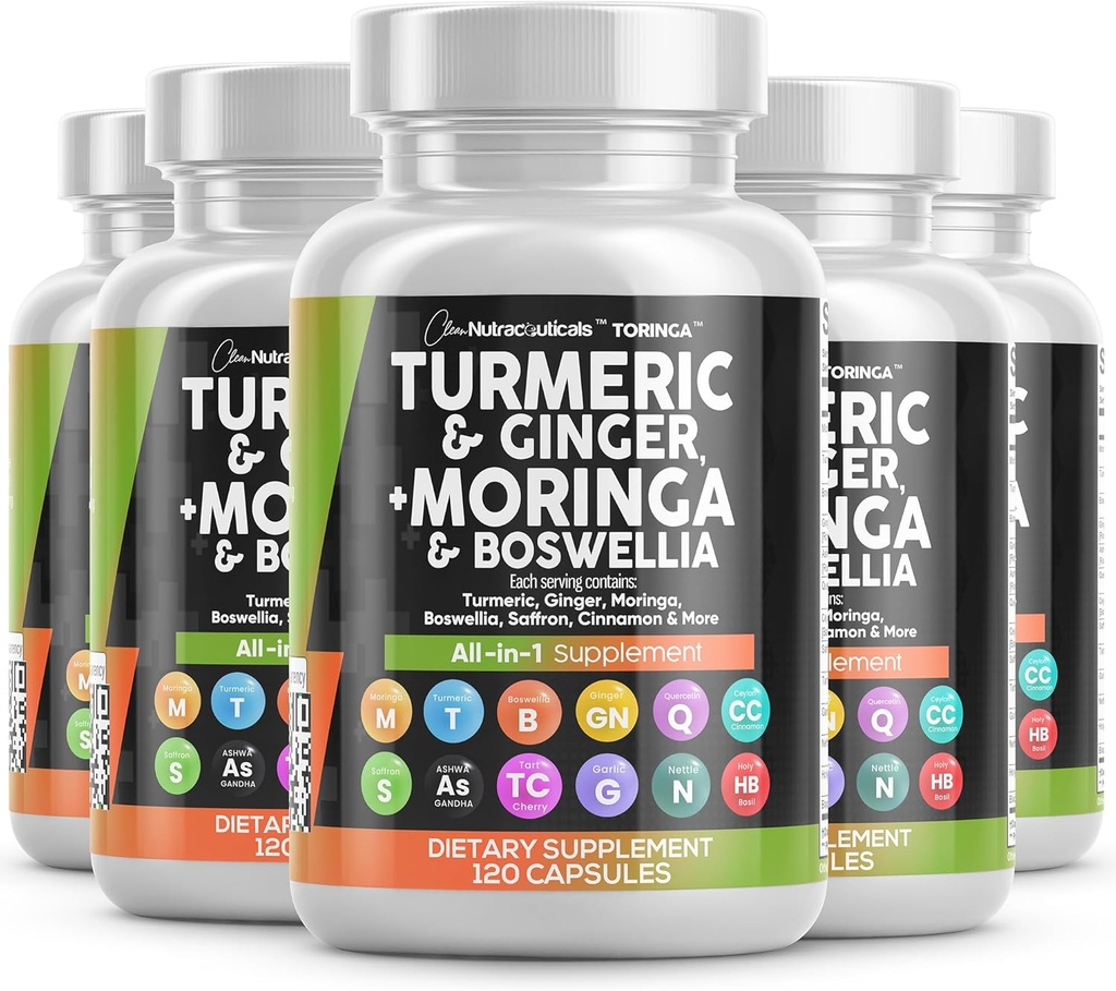 Turmeric Moringa Supplement | Ginger Boswellia Saffron - Ceylon Cinnamon, Tart Cherry, Quercetin Garlic Nettle Holy Basil - 5Pack