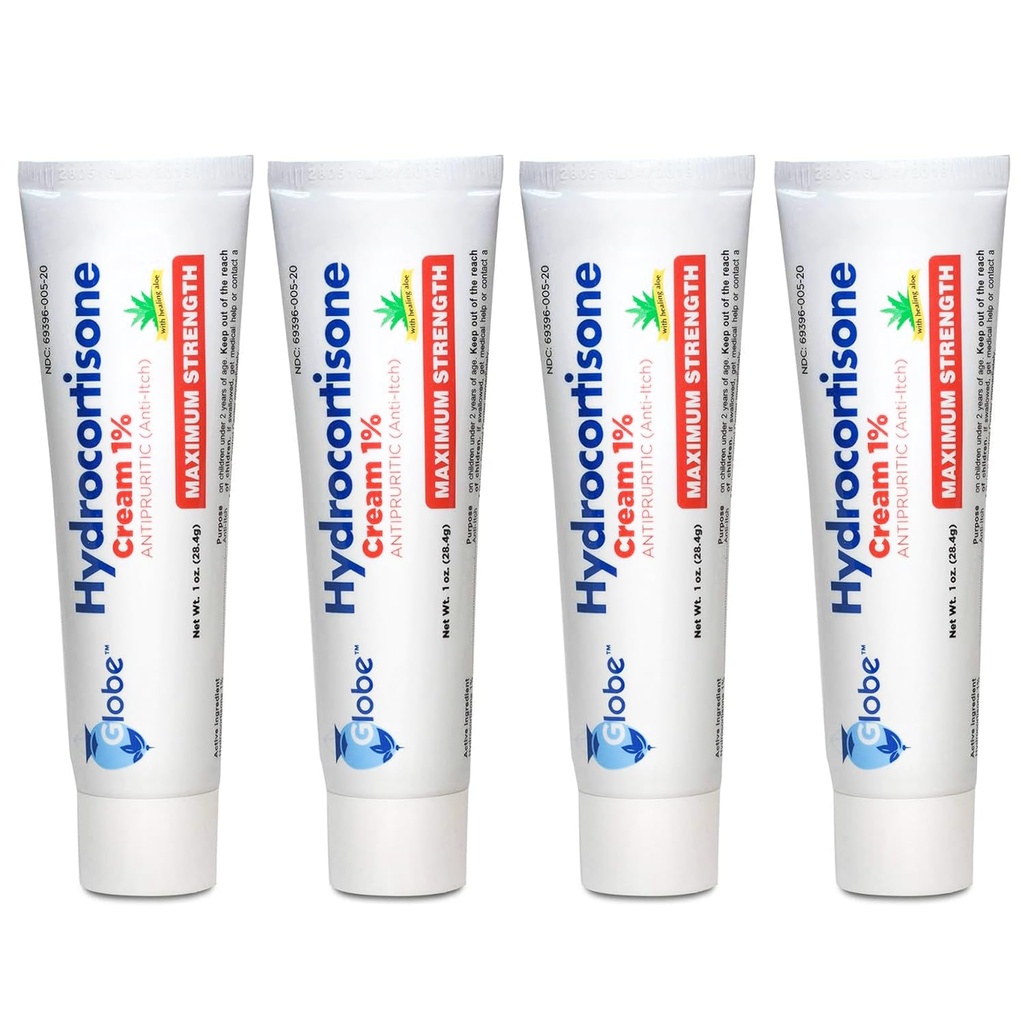 Globe (4 Pack) Hidrocortisone maksimum Güçlü Anti-Itch Krem% 1 w/Aloe, Redness, Rash, Bug & Mosquito Bites, Eczema, Hemorrhoids, Hassas Skin, Instant Itch Relief,1 oz Tube
