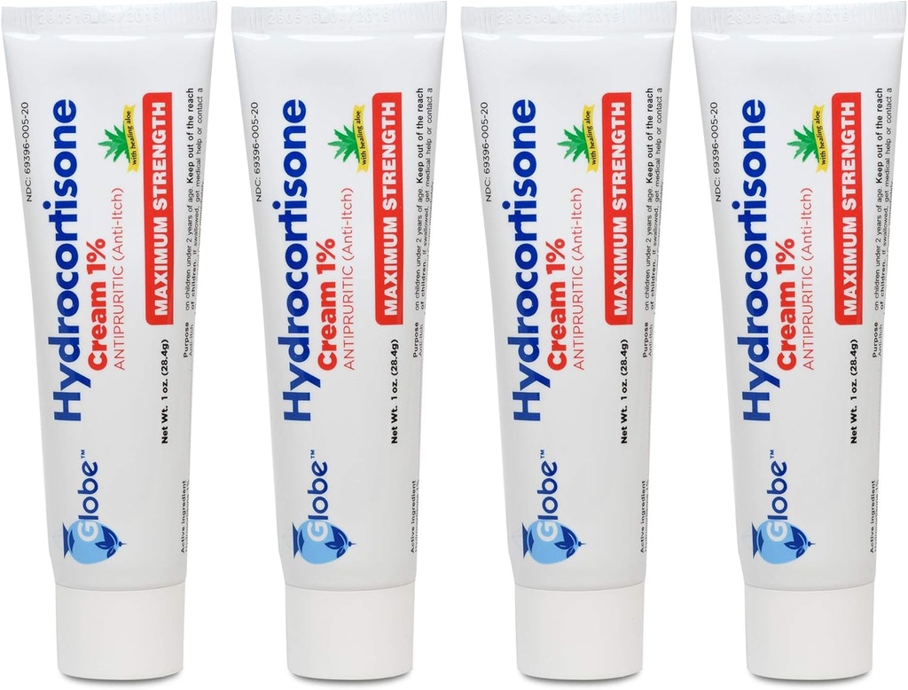 Globe (4 Pack) Hydrocortisone Μέγιστη Δύναμη Anti-Itch Cream 1% w/Aloe, Εντατική Φόρμουλα για την ερυθρότητα, εξάνθημα, bug & Mosquito Bites, Eczema, αιμορροΐδες, ευαίσθητο δέρμα, Instant Itch Relief, 1 oz Tube