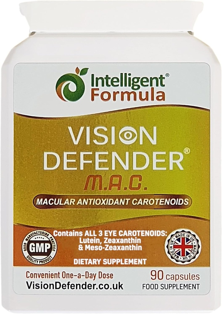 Vision Defender MAC Eye Supplement: Λουτεΐνη, Ζεαξανθίνη & Μεσο-Ζεαξανθίνη Τρίκλινο Αντιοξειδωτικό Καροτενοειδή για την Υγεία των ματιών και την όραση (90 κάψουλες / μία κάψουλα καθημερινά) Made in UK