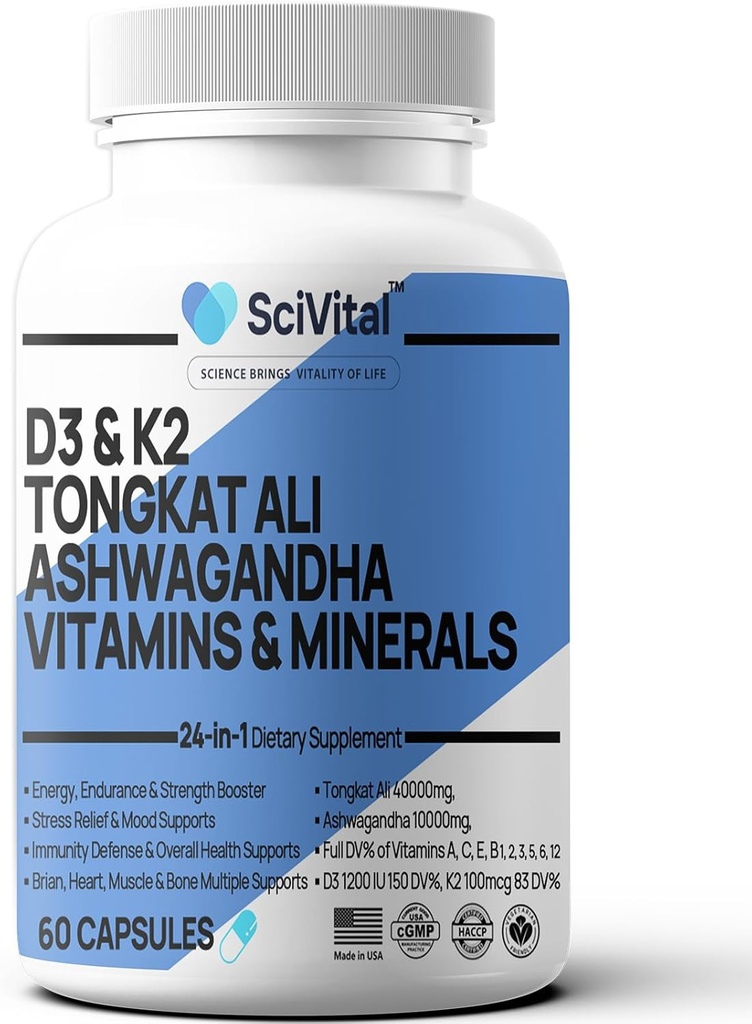 Ashwagandha 10000mg Tongkat Ali 40000mg Supplement with Multivitamin D3 K2 - Erkeklerin Sağlığı ve Stresi, Mood, Enerji, Endurance Support - Ashwagandha Capsules Tongkat Ali for Men USA - 60 Count