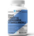Ashwagandha Extract 200mg 20:1 Tongkat Ali Extract 200mg 50:1 Supplement with Multivitamin D3 K2 - Men's Health & Stress, Mood, Energy, Endurance Support - Made in USA - 60 Count