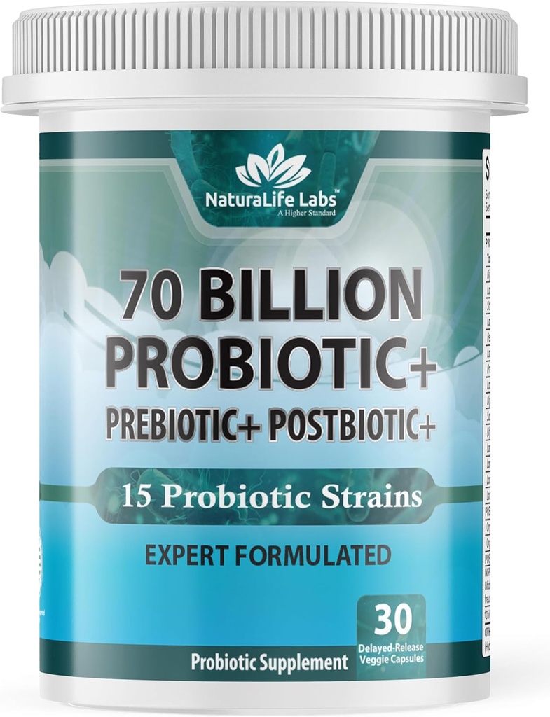 NaturaLife Labs Probiyotiks 70 Milyar CFU – 15 Strains with Organic Prebiyotik & Postbiyotik – 3in-1 Formula – 30 Vegan Capsules