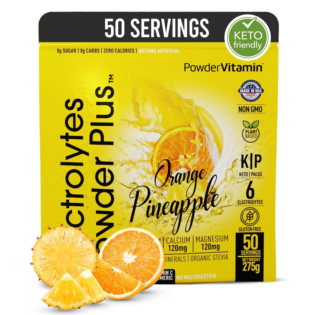Electrolytes Powder Plus (50 Servings), 0 Calorie Keto, 0 Sugar, No Maltodextrin,1000mg Potassium,120mg Calcium,120mg Magnesium, Hydration Powder (50 Servings, Orange Pineapple)