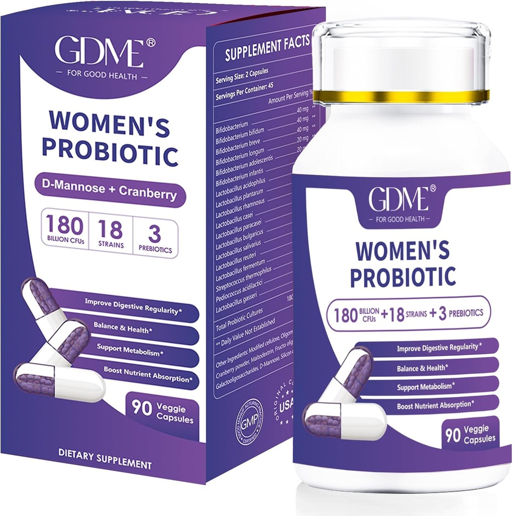 Probiyotiks 180 Milyar CFU 18 Strains Organik Prebiyotik Cranberry Probiyotik Supplement Digestion Immunity for Women's Health,Non Soy Gluten Dairy Free 90 Vegetarian Capsules