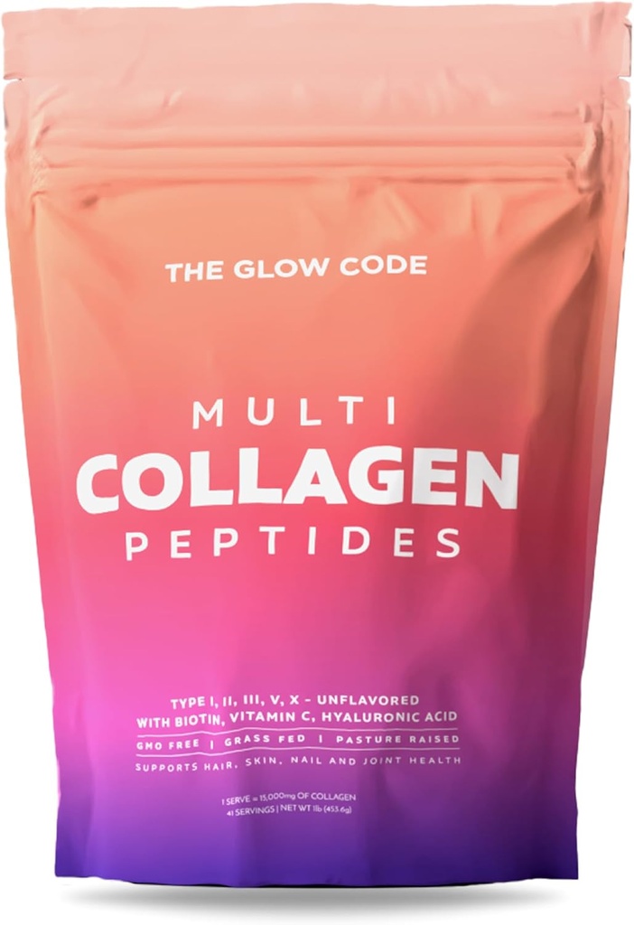 Ο κώδικας Glow Multi Collagen Peptides – Type I,II,III,V & X Hydrolyzed Collagen Powder, Unflaved, Enhanced with Biotin, Vitamin C & Hyaluronic Acid
