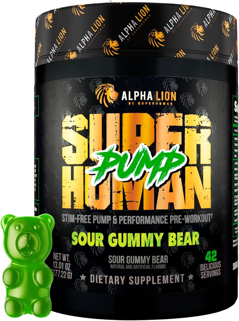 ALPHA LION Superhuman Pump Pre Workout Toz, Nootropic Caffeine & Stim Free Preworkout Supplement, Nitrik Oksit, Kas Winer, Enerji & Focus (42 Hizmetler, Sour Gummy Bear)