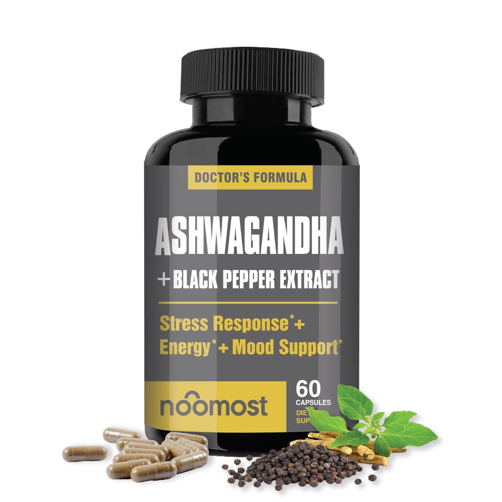 Noo Most Organic Ashwagandha 400 mg Capsules w/Black Pepper Extract as Vegan Ashwagandha Supplements for Anti Stress Relief, Natural Mood Support, Energy & Focus-60 Capsules