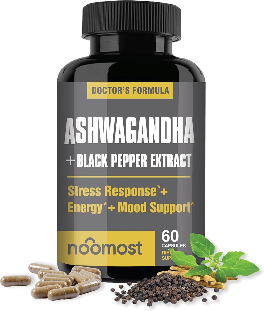 NooMost Organic Ashwagandha 400mg Κάψουλες w/Black Pepper Extract as Vegan Ashwagandha Συμπληρώματα για την ανακούφιση από το άγχος, τη φυσική υποστήριξη διάθεσης, την ενέργεια & εστίαση-60 κάψουλες