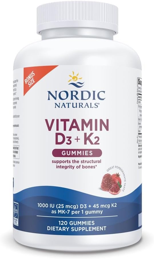 Nordic Naturals Vitamin D3 + K2 Gummies, Pomegranate - 120 Gummies - 1000 IU D3 + 45 mcg K2- Great Taste - Bone Health, Trusts Health - Non-GMO - 120 Servisler